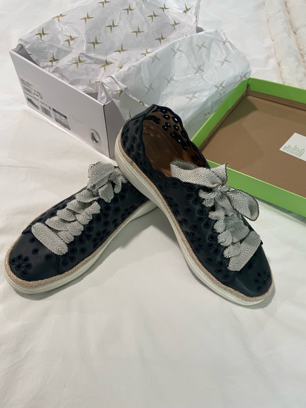 Aetrex Black Eyelet Espadrille Sneaker with Cream Striped Laces
